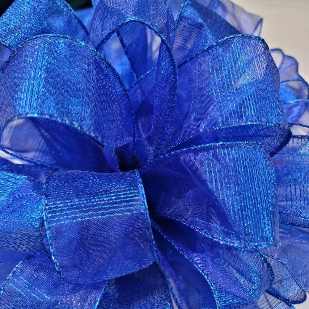 Christmas Tree Bow Topper, Sheer/Shiny Blue Bow Tree Topper, Holiday Tree Topper